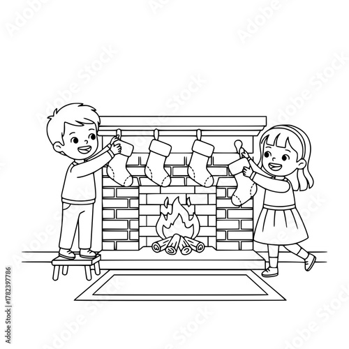 Children hanging stockings on christmas fireplace