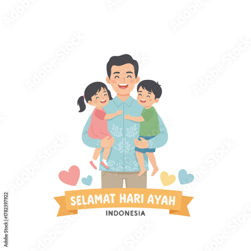 A loving father is celebrated on Father's Day, happily holding his young son and daughter in a heartwarming family illustration