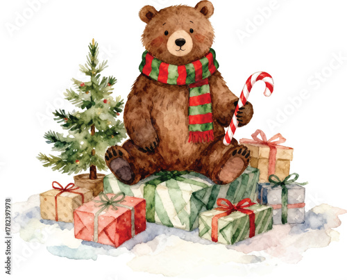 Watercolor Cute Bear with Candy Cane Surrounded by Christmas Presents Illustration
