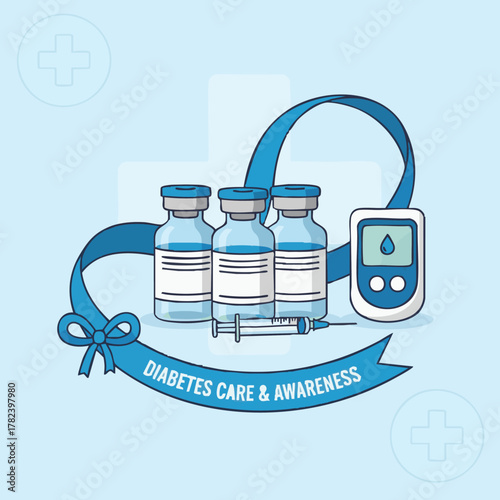 Diabetes Awareness Medical Equipment for Care, Ribbon, and Glucose Meter