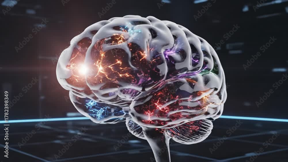 Translucent Brain Model Translucent 3D model of a human brain rotating in a futuristic ...