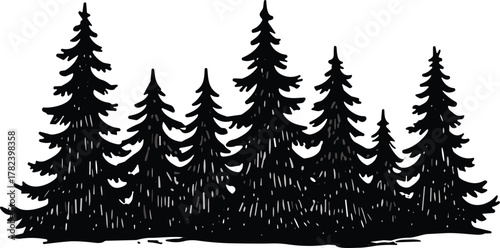 Evergreen forest silhouette, pine tree group, conifer illustration, nature vector, woodland graphic, black foliage art, landscape design, printable icon