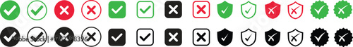 Check mark icon set. Check box icon with right and wrong buttons and yes or no checkmark icons in green tick box and red cross. vector illustration .