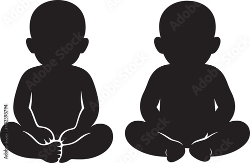 Two silhouetted babies sitting cross legged facing forward with outlines on white background