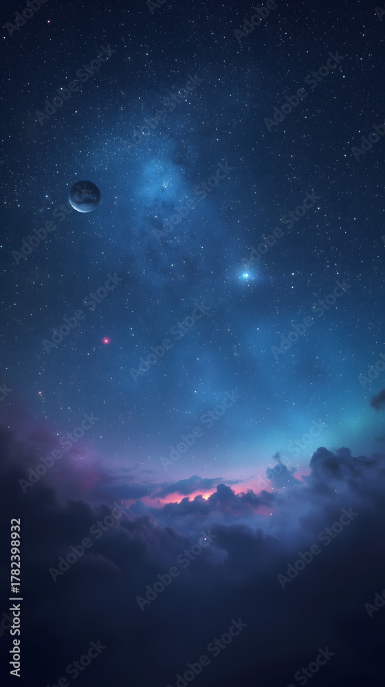 Obraz premium Peaceful Night Sky with Stars and Planet Above the Clouds