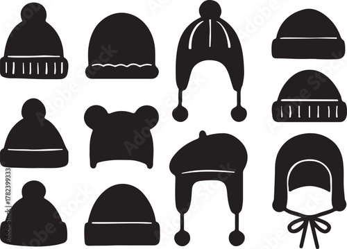 Set of cute clothes for winter and autumn silhouette vector illustration. winter hats set for boys and girls in cold weather