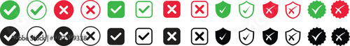 Check mark icon set. Check box icon with right and wrong buttons and yes or no checkmark icons in green tick box and red cross. vector illustration .