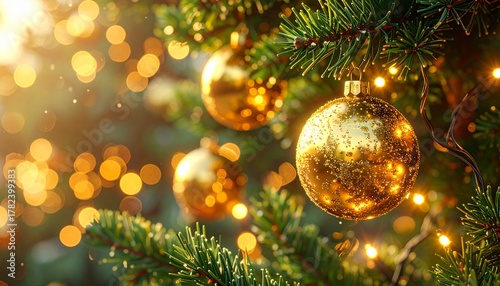 Close-up of elegant fir branches adorned with golden Christmas bauble, festive holiday decoration background
