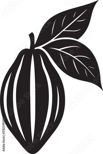 Striking cacao pod with leaves features bold black and white contrast clean silhouette vector illustration