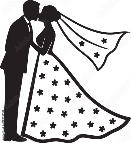 Silhouette of a bride and groom kissing on their wedding day celebrating love and marriage