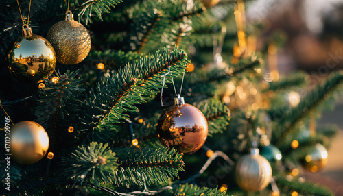 Close-up of elegant fir branches adorned with golden Christmas bauble, festive holiday decoration background
