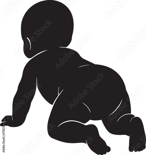 Silhouette of a baby crawling on hands and knees seen from behind on a white background