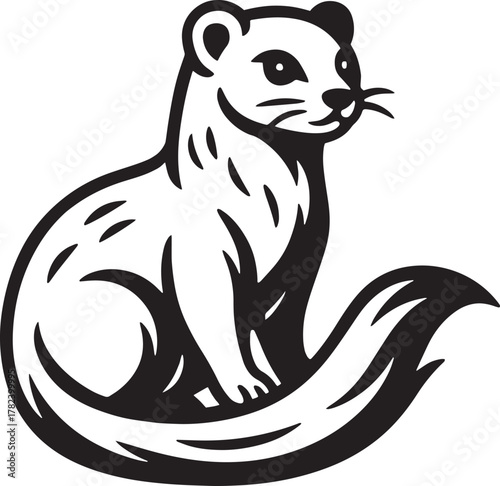 Stylized black and white illustration of a stoat or weasel sitting with its tail curled around it