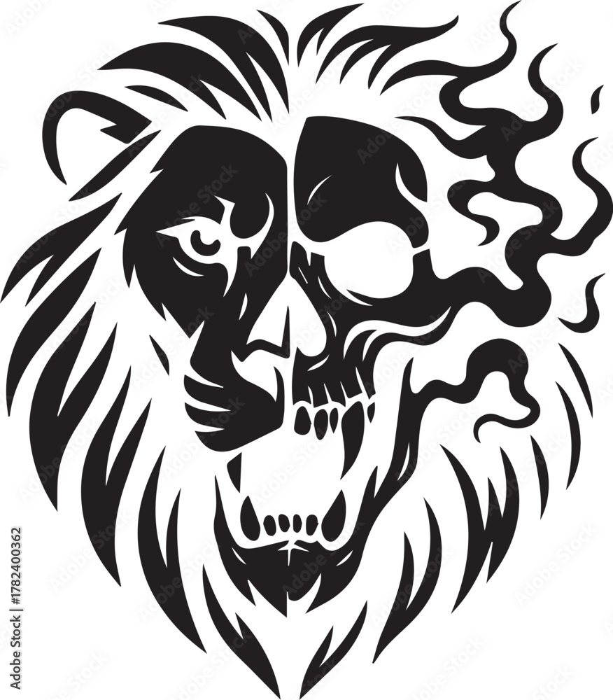 Fototapeta premium Fierce lion head merging into a smoking skull symbolizing power and mortality