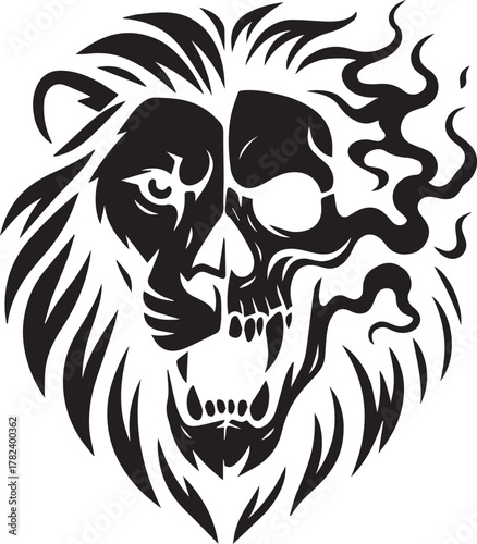 Fierce lion head merging into a smoking skull symbolizing power and mortality