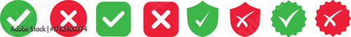 Check mark icon set. Check box icon with right and wrong buttons and yes or no checkmark icons in green tick box and red cross. vector illustration .