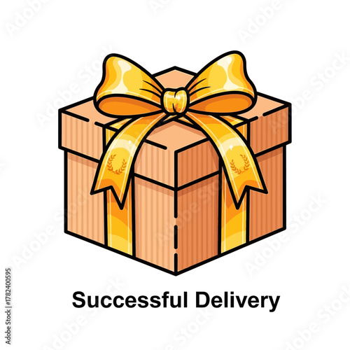 Brown gift box with a golden ribbon and bow on top.