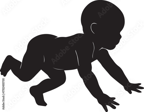 Silhouette of a baby crawling forward on a white background representing early childhood development and movement