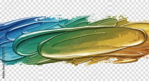 A thick, glossy brushstroke of paint showing a vibrant color gradient from blue through green to yellow.