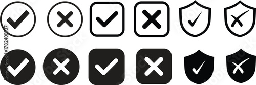 Check mark icon set. Check box icon with right and wrong buttons and yes or no checkmark icons in green tick box and red cross. vector illustration .
