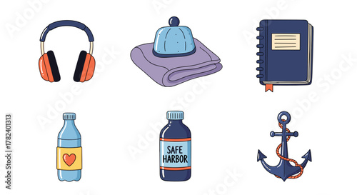 Various wellness items including headphones, water bottles, and an anchor  