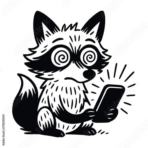 Cartoon raccoon with spiral eyes staring at smartphone in black and white line style, vector, tracing