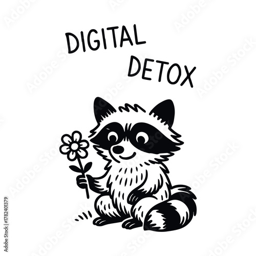 Cartoon raccoon holding flower with “Digital Detox” text in black and white line style, vector, tracing
