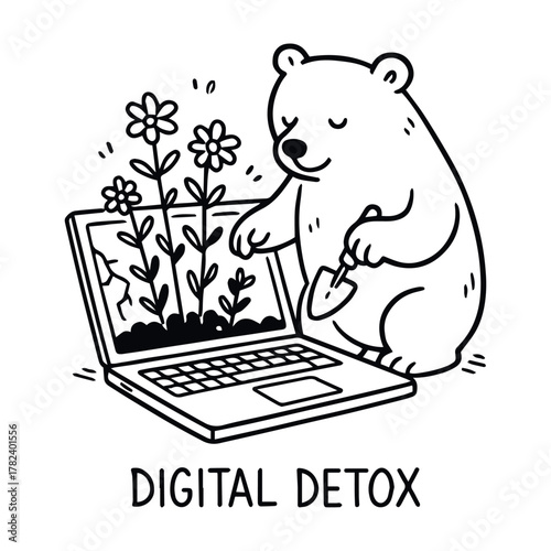 Cartoon bear gardening flowers from laptop with “Digital Detox” text in black and white line style, vector, tracing