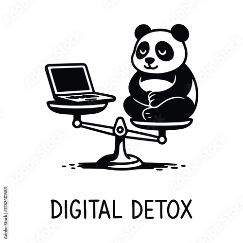Cartoon panda meditating on balance scale opposite laptop with “Digital Detox” text in black and white line style, vector, tracing
