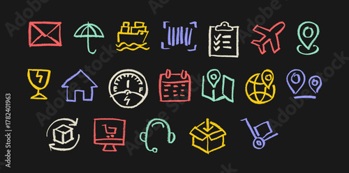 Shipping Transport And Cargo Related Icons Crayon Chalk Drawing Doodle Vector Set