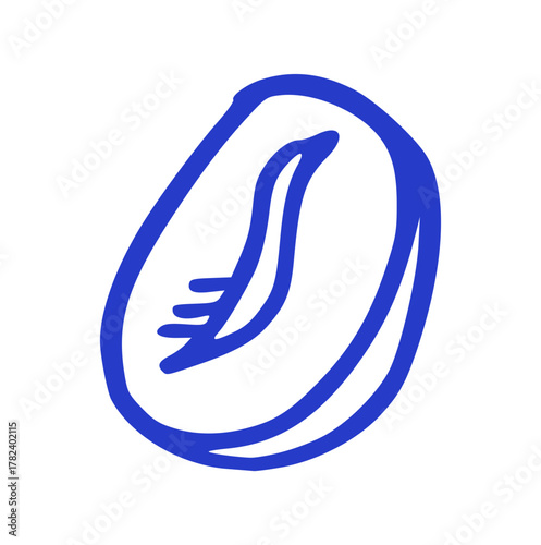 Hand Drawn Single Coffee Bean, Blue Doodle on White Background. Doodle and Sketchy Style, Cafe, Ingredient, Raw, Roasted, Morning, Energy, Organic