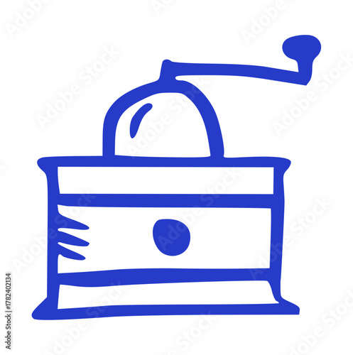 Hand Drawn Manual Coffee Grinder, Blue Doodle on White Background. Doodle and Sketchy Style, Cafe, Barista, Brewing, Kitchen, Vintage, Equipment, Fresh