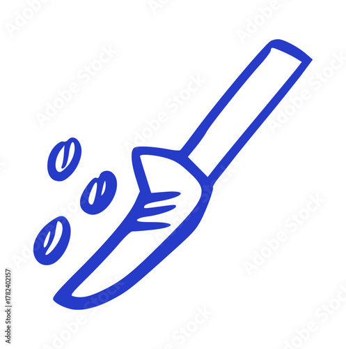 Hand Drawn Coffee Scoop with Beans, Blue Doodle on White Background. Doodle and Sketchy Style, Cafe, Barista, Measuring, Ingredient, Kitchen, Equipment