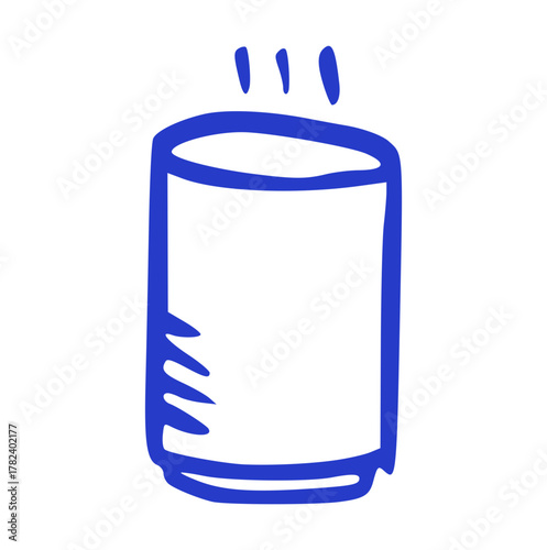 Hand-drawn blue doodle illustration of a single cylindrical hot drink can or thermos, showing steam. Simple, warm beverage element perfect for coffee shop stickers, vending machine icons, or camping t
