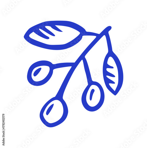 Hand-drawn blue doodle illustration of a single coffee branch with leaves and three ripe cherries or berries. Fresh, natural element perfect for coffee bean packaging, labels, or organic themes.