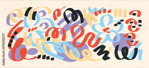 Abstract playful doodles with colorful curved brush strokes, flower shape and expressive lines on textured paper background. Modern childlike sketch composition. Vector design.