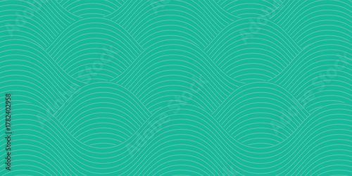 Wave Pattern On Mint Green Background. Traditional Seigaiha Seamless Patten Repeat For Fabric, textiles, Home Décor, Wallpaper.