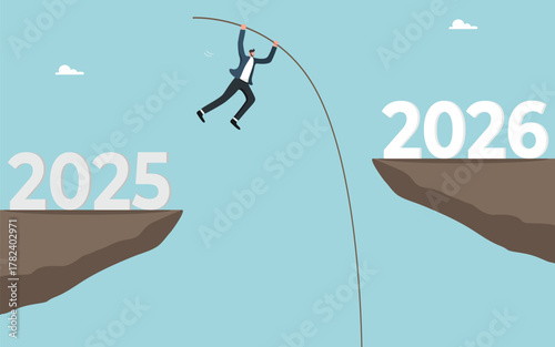 Overcoming obstacles for great success in achieving goals in the coming year, intelligence or motivation for high results in 2026, hard work for career growth, man using pole jumps over cliff by 2026.