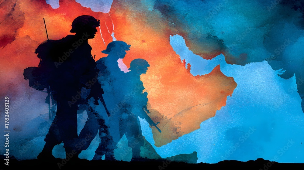 Obraz premium Silhouettes of armed personnel walking against a dramatic, abstract background depicting a landmass