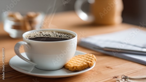 A coffee break with a cup of coffee, a biscuit, and a relaxing moment in an office.