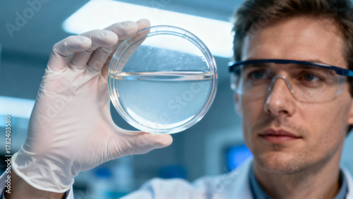 Man in Lab Coat Examines Petri Dish with Clear Liquid in Modern Laboratory Setting