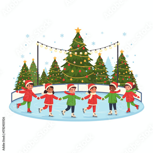 Children ice skating in festive clothes on rink surrounded by Christmas trees  