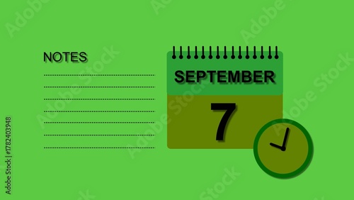 September 7 Calendar black color 4k illustration, with Free for Notes and Writing element. Lime green background 4k illustration.