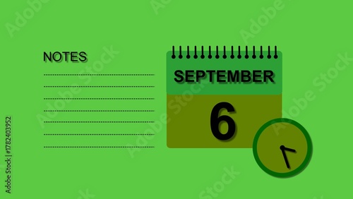 September 6 Calendar black color 4k illustration, with Free for Notes and Writing element. Lime green background 4k illustration.