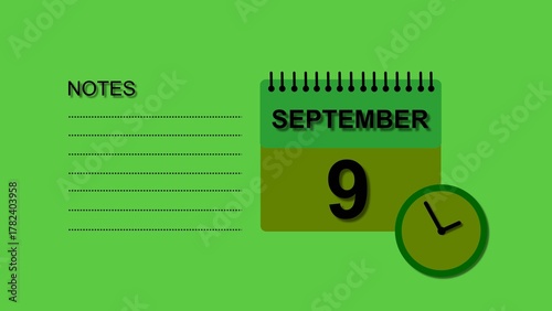 September 9 Calendar black color 4k illustration, with Free for Notes and Writing element. Lime green background 4k illustration.
