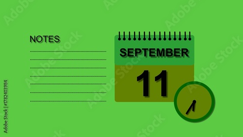 September 11 Calendar black color 4k illustration, with Free for Notes and Writing element. Lime green background 4k illustration.