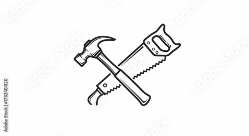 A crossed hammer and hand saw, depicted as a simple black and white line drawing, suggesting carpentry or construction.