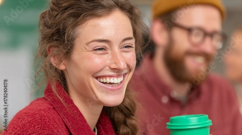 A woman of European descent joyfully sips chai, channeling Hygge coziness and World Laughter Day's contagious warmth