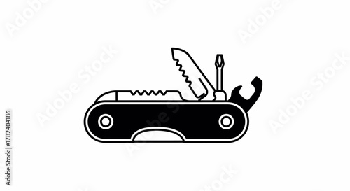 Black and white illustration of a multi-tool with several implements extended, including a saw, screwdriver, and bottle opener, on a plain white background.