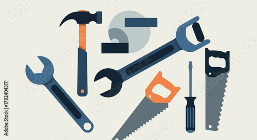 A flat design illustration showcasing a diverse collection of essential hand tools like wrenches, a hammer, a saw, and a screwdriver.